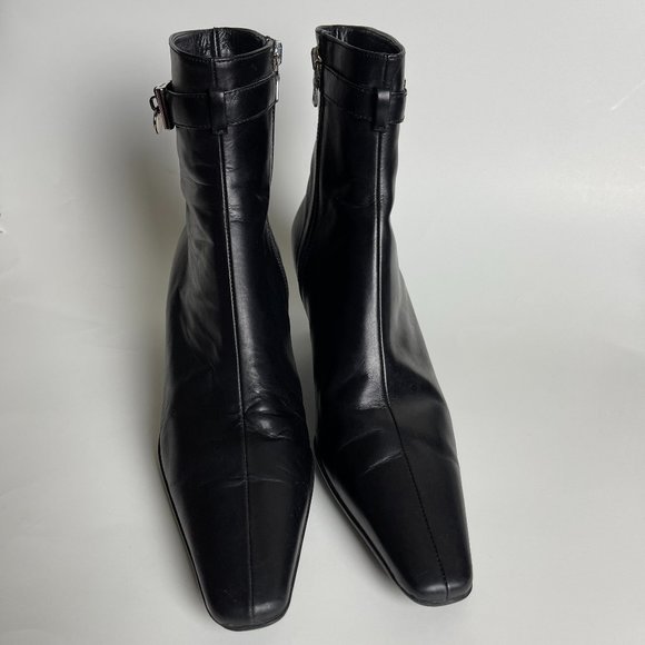Prada | Black Leather Buckle Kitten Heel Boots - Picture 4 of 10